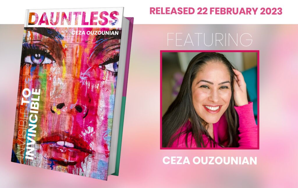 Shows book, Invisible To Invincible, and a picture of Ceza Ouzounian, Relationship & Love Coach.