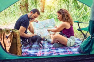 Man and woman camping, with a map and a small dog. They are smiling and happy.