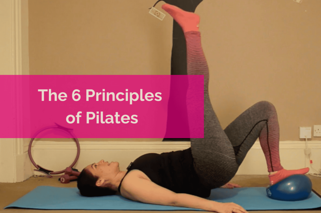 Pilates instructor Ceza doing a single left shoulder bridge lift with foot on ball. Feature image for blog 'The 6 Principles of Pilates'